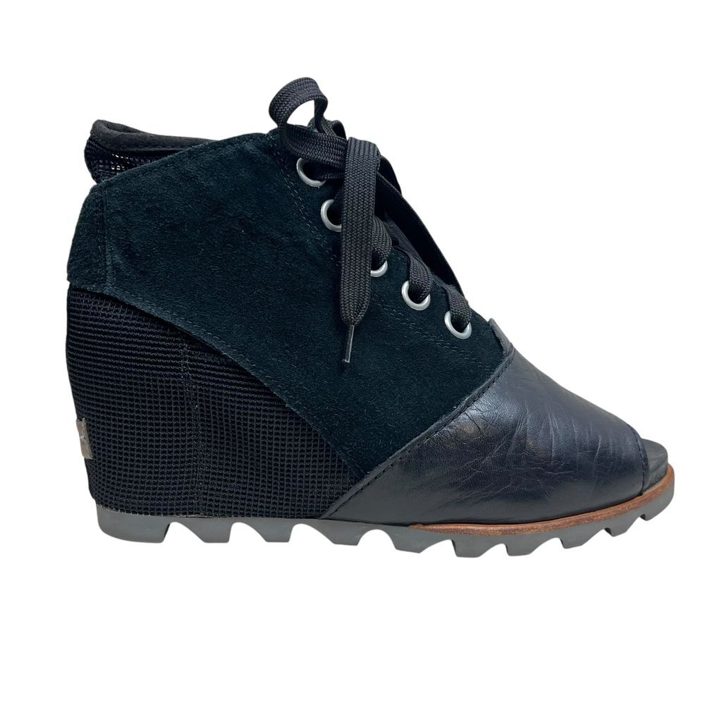 SOREL Womens Wedge Ankle Booties Joanie‎ Black Mesh Suede Leather Peep Toe 9-9.5